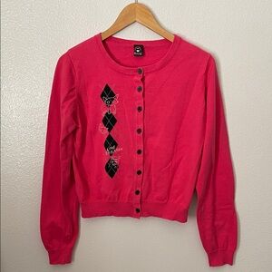 Emily The Strange goth gothic rockabilly pink cat argyle cardigan sweater S/M